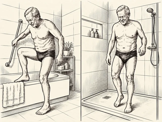 Ilustración de una persona entrando en una bañera y usando un plato de ducha con un acceso más bajo